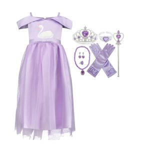 Voordeelpakket - paarse prinsessenjurk zwaan + accessoires