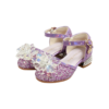 Paarse prinsessen schoenen kind met hakjes, glitterende afwerking, bloemversiering en enkelbandjes