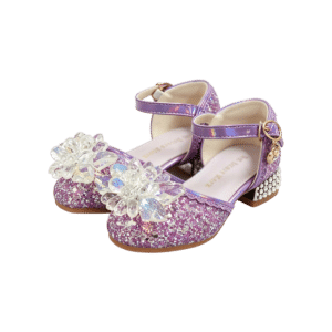 Paarse prinsessen schoenen kind met hakjes, glitterende afwerking, bloemversiering en enkelbandjes