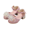 Roze prinses schoenen kind met hakjes, glitter, bloemen en enkelbandjes