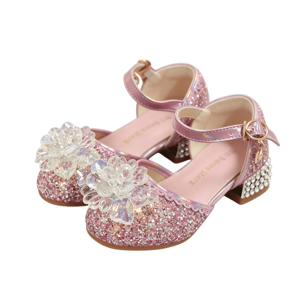 Roze prinses schoenen kind met hakjes, glitter, bloemen en enkelbandjes