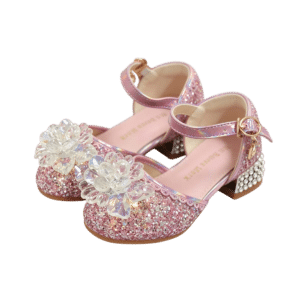 Roze prinses schoenen kind met hakjes, glitter, bloemen en enkelbandjes