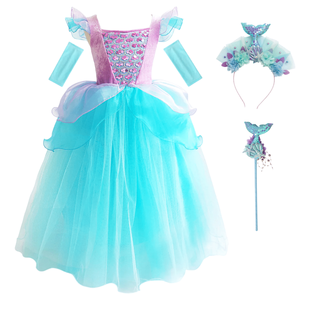 Turquoise jurk ariel met paarse pailletten, losse mouwen, haarband en zeemeermin-toverstaf