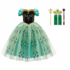 Groene prinsessenjurk voor kinderen met bloemenprint, zwarte lijfje en bijpassende kroon, handschoenen, toverstaf en sieraden