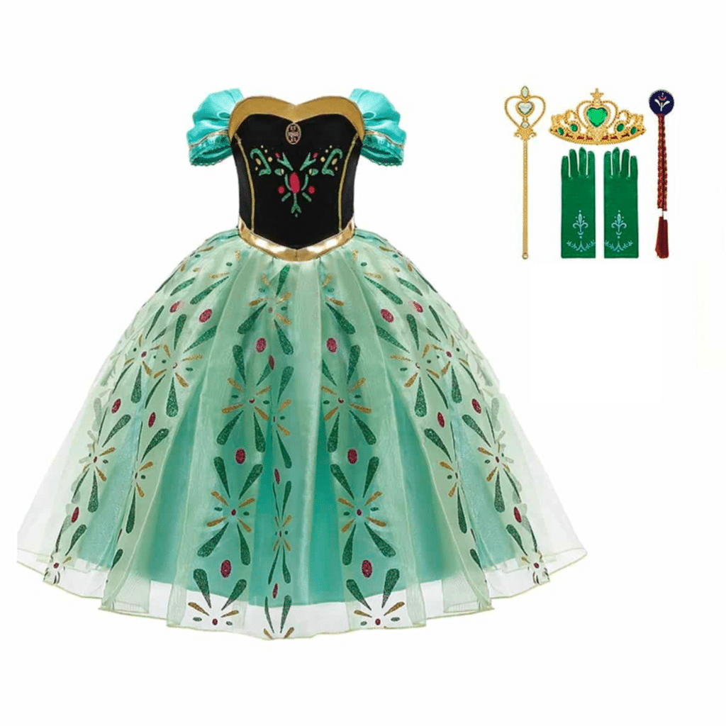 Groene prinsessenjurk voor kinderen met bloemenprint, zwarte lijfje en bijpassende kroon, handschoenen, toverstaf en sieraden