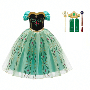 Groene prinsessenjurk voor kinderen met bloemenprint, zwarte lijfje en bijpassende kroon, handschoenen, toverstaf en sieraden