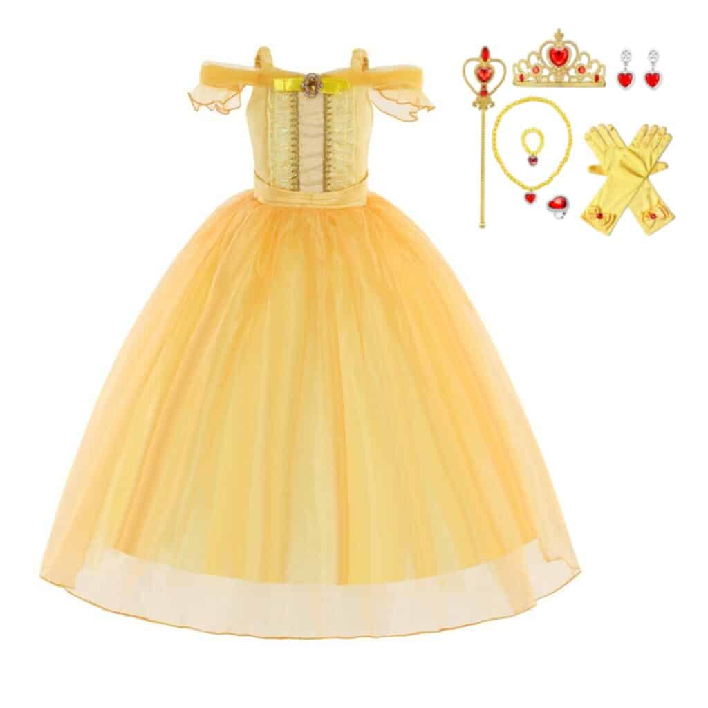 Gele Belle jurk met wijde rok, satijnen handschoenen, kroon, juwelen en toverstaf als compleet voordeelpakket