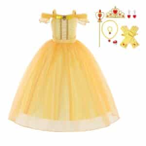 Gele Belle jurk met wijde rok, satijnen handschoenen, kroon, juwelen en toverstaf als compleet voordeelpakket