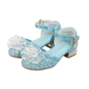 Blauwe prinsessenschoenen met hakjes van Het Betere Merk, bedekt met glitter en grote bloemversieringen