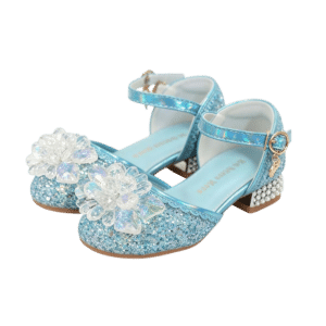 Blauwe prinsessenschoenen met hakjes van Het Betere Merk, bedekt met glitter en grote bloemversieringen