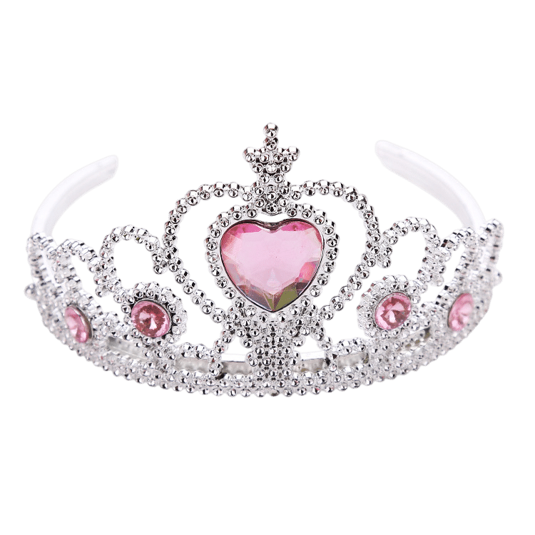 Roze kroon met zilverkleurige versiering, hartvormige roze steen en witte haarband, vrijstaand op een egale achtergrond
