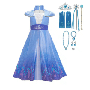 Blauwe Elsa jurk disney met glinsterende rok, tiara, handschoenen, vlecht, toverstaf en blauwe juwelen, plat uitgestald