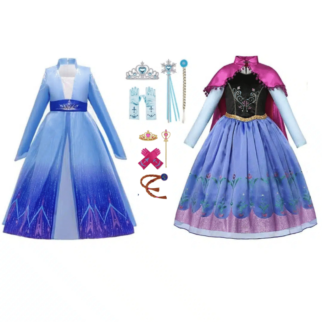 Elsa jurk en Anna jurk met blauwe en paarse rokken, roze cape en bijpassende accessoires uit een combideal