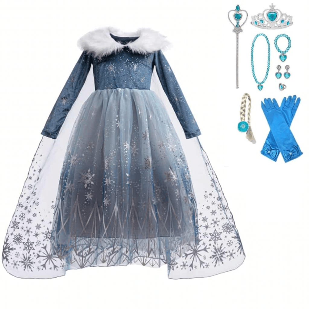 Blauwe Frozen Elsa jurk met witte bontkraag, glinsterende sneeuwvlokken, lange sluier en bijpassende accessoires