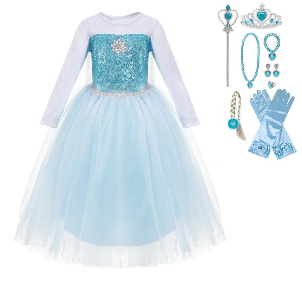 Lichtblauwe Elsa prinsessenjurk met glinsterend lijfje, tule rok, tiara, handschoenen, vlecht, sieraden en toverstaf