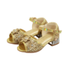 Gouden Livia-prinsessenschoenen met hak, bloemenversiering, glitters en enkelbandjes met gespen