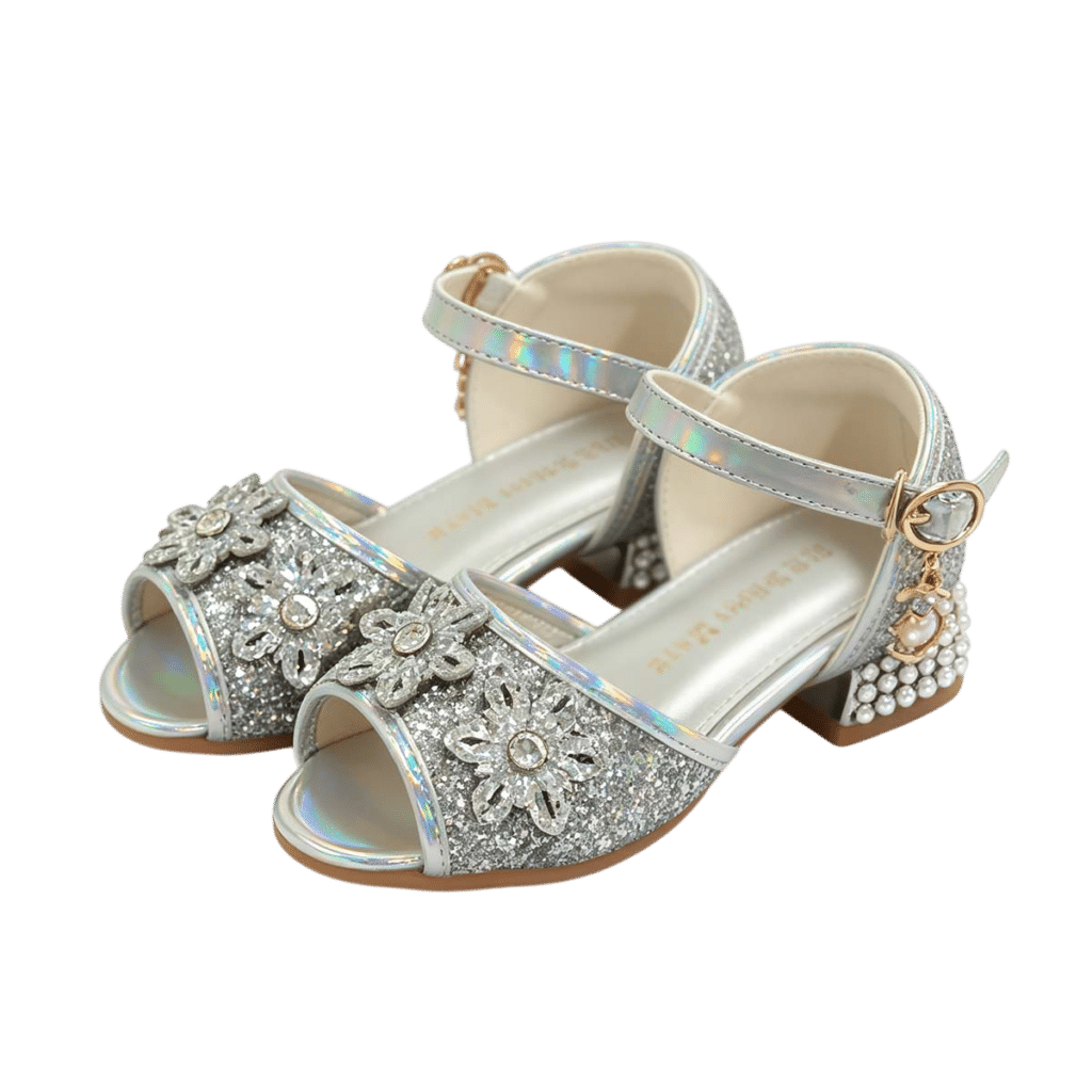 Zilveren Livia-prinsessenschoenen kind met hakje, glinsterende bloemversiering en enkelbandje