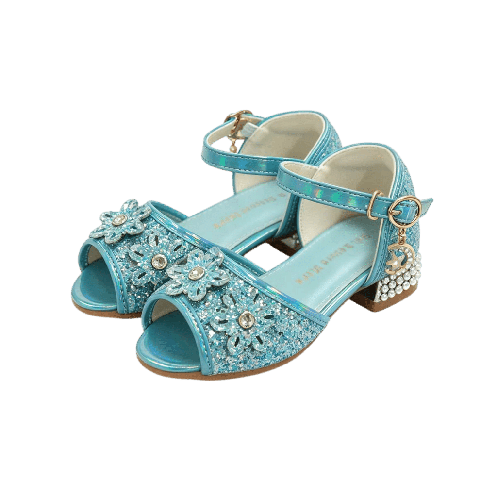 Blauwe prinsessen hakjes van Livia met glitters, bloemen, enkelbandjes en een versierde blokhak