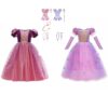 Roze en paarse Rapunzel prinsessenjurk met een tweede jurk, handschoenen, sieraden en toverstokken in de combideal