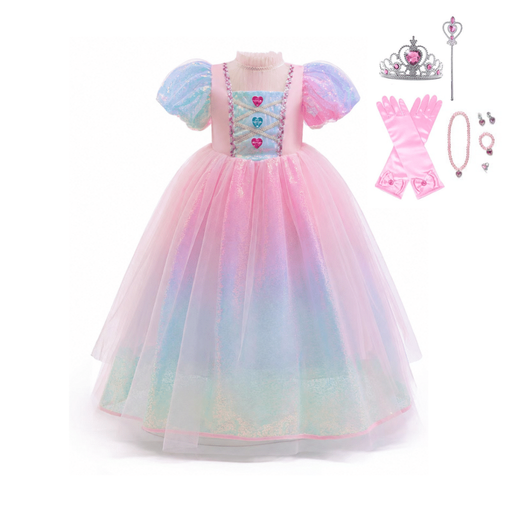 Roze prinsessenjurk met regenboogkleurige rok, pofmouwen en accessoires zoals kroon, handschoenen en toverstaf