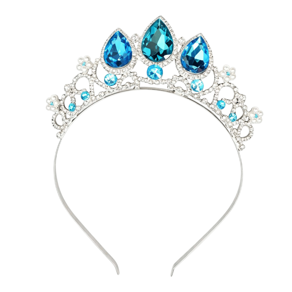 Blauw Snowflake Celestia kroontje met drie grote druppelvormige kristallen en zilverkleurige versieringen