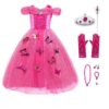 Doornroosje fuchsia jurk met vlinderrok, tiara, toverstaf, handschoenen en roze juwelenset