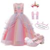 Roze unicorn jurk met tule rok, eenhoornhaarband, lange handschoenen en glinsterende prinsessenschoenen