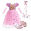 Roze prinsessenjurk van het Rapunzel-prinsessenpakket met paarse glittertop, accessoires en glinsterende schoenen