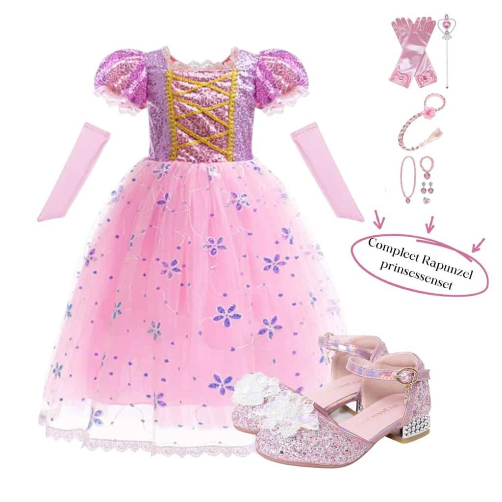 Roze prinsessenjurk van het Rapunzel-prinsessenpakket met paarse glittertop, accessoires en glinsterende schoenen