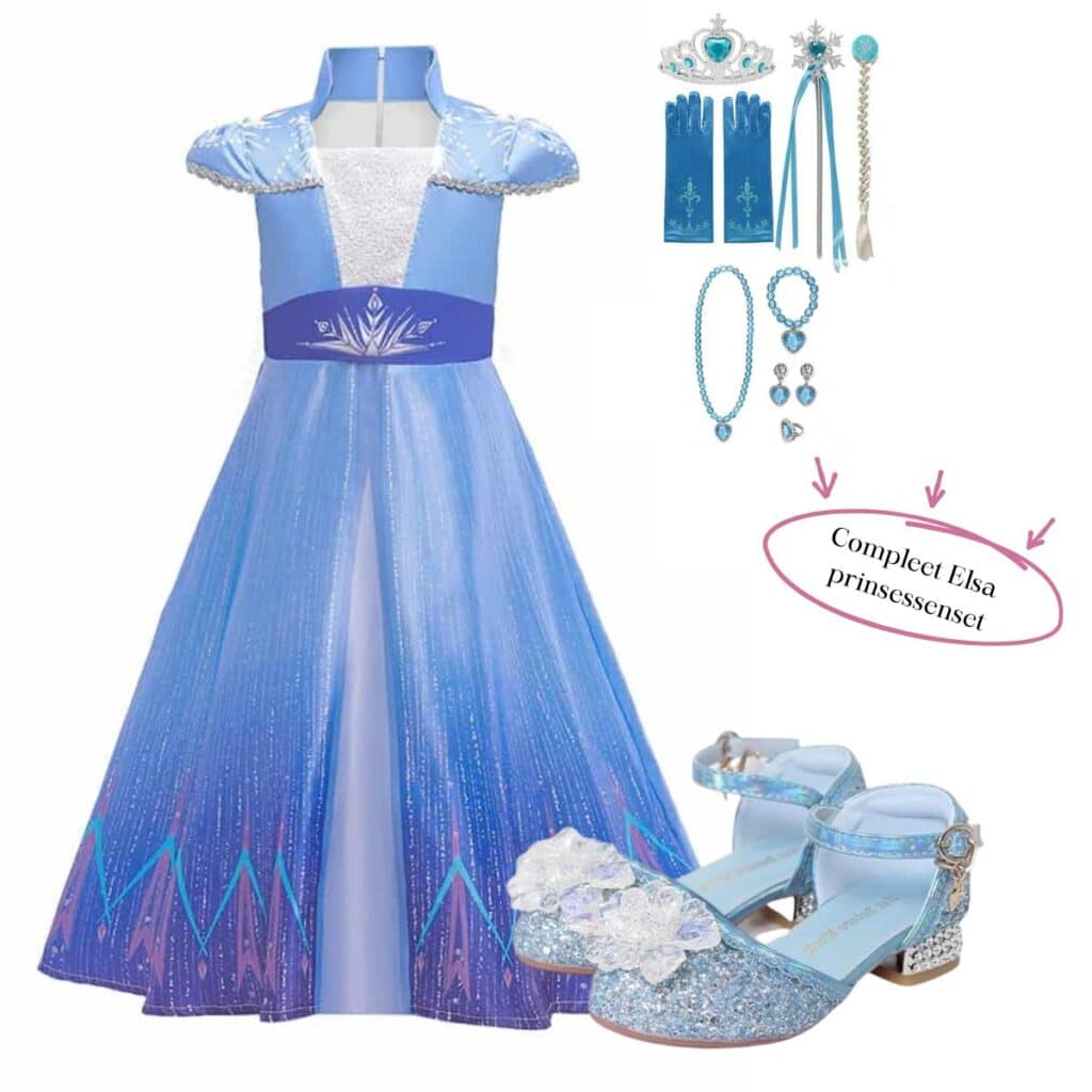 Frozen Elsa prinsessenpakket met blauwe prinsessenjurk, accessoires en glitterende prinsessenschoenen.