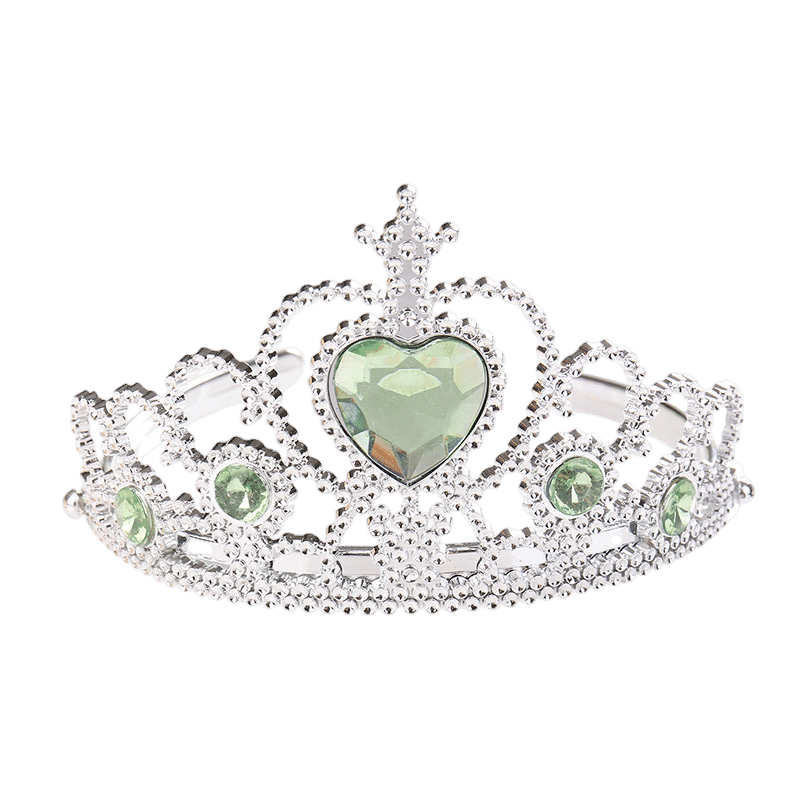 Zilveren prinsessen kroon met groene hartvormige steen en kleine groene edelstenen, vrijstaand van voren