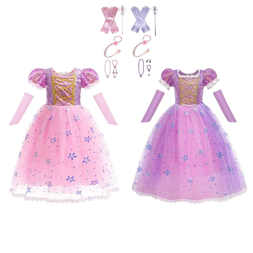 Combideal met twee Rapunzel prinsessenjurken in roze en paars, inclusief handschoenen, sieraden, toverstokken en diademen van Het Betere Merk.