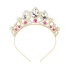 Gouden kroontje Snowflake met grote heldere stenen, roze strassstenen en kleine pareltjes op de goudkleurige band.