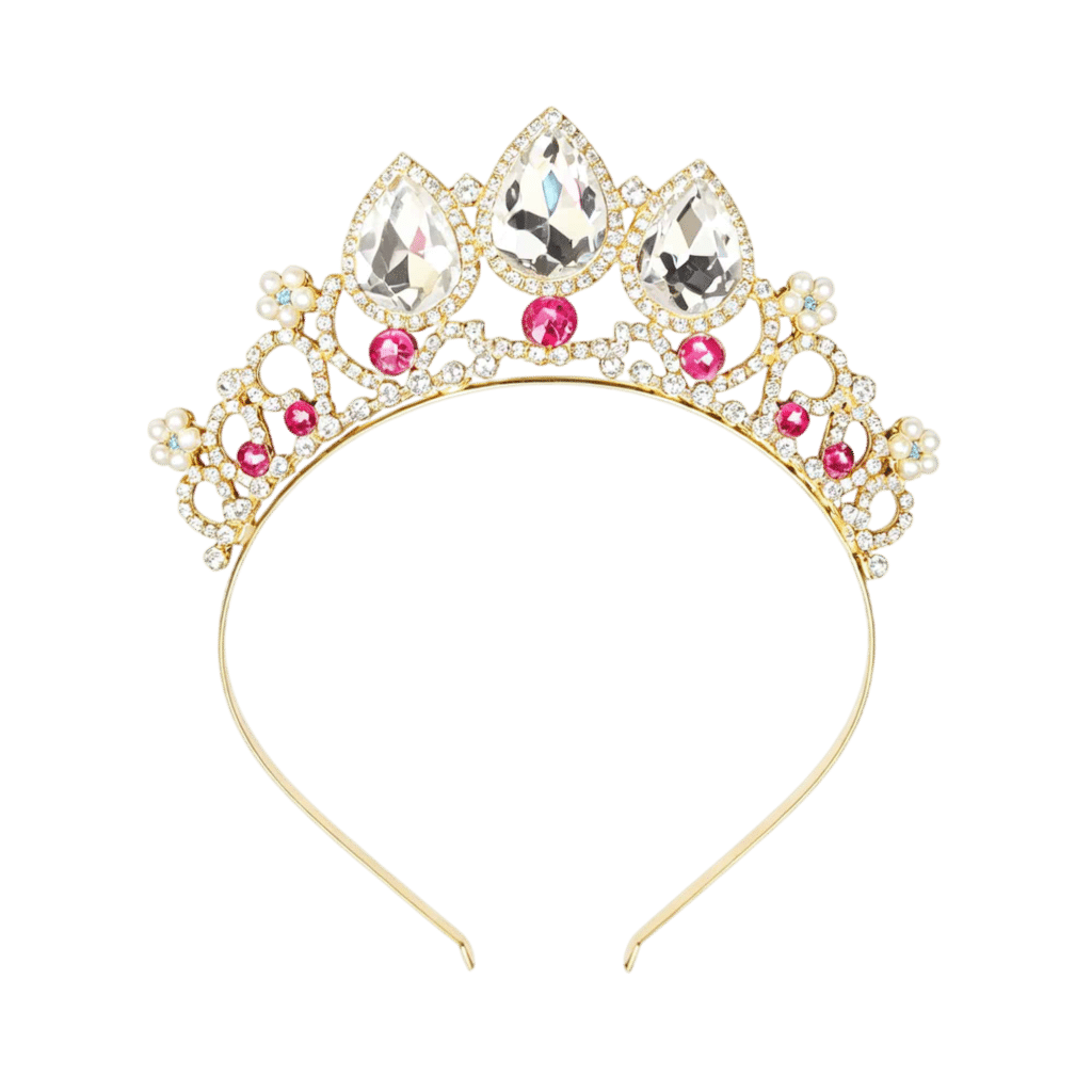Gouden kroontje Snowflake met grote heldere stenen, roze strassstenen en kleine pareltjes op de goudkleurige band.