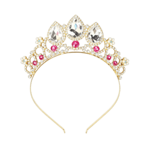 Gouden kroontje Snowflake met grote heldere stenen, roze strassstenen en kleine pareltjes op de goudkleurige band.