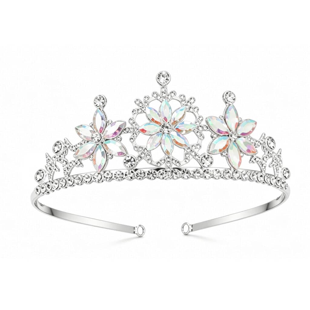 Zilverkleurig kroontje Snowflake met drie iriserende bloemvormen, glinsterende steentjes en een open metalen band