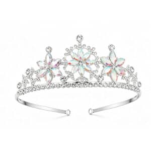 Zilverkleurig kroontje Snowflake met drie iriserende bloemvormen, glinsterende steentjes en een open metalen band